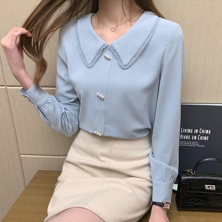 Blue Shirt Chiffon Doll Collar Top Long Sleeved Spring and Autumn Women's Shirt