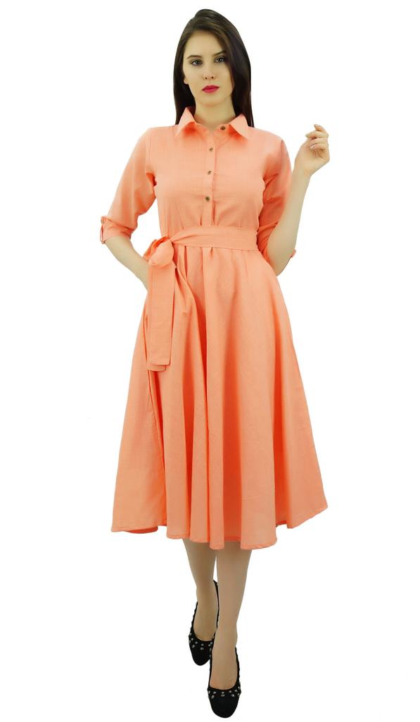 Bimba Women's 3 4 Sleeve Linen Collar Neck Solid Flared Shirt Dress with Side