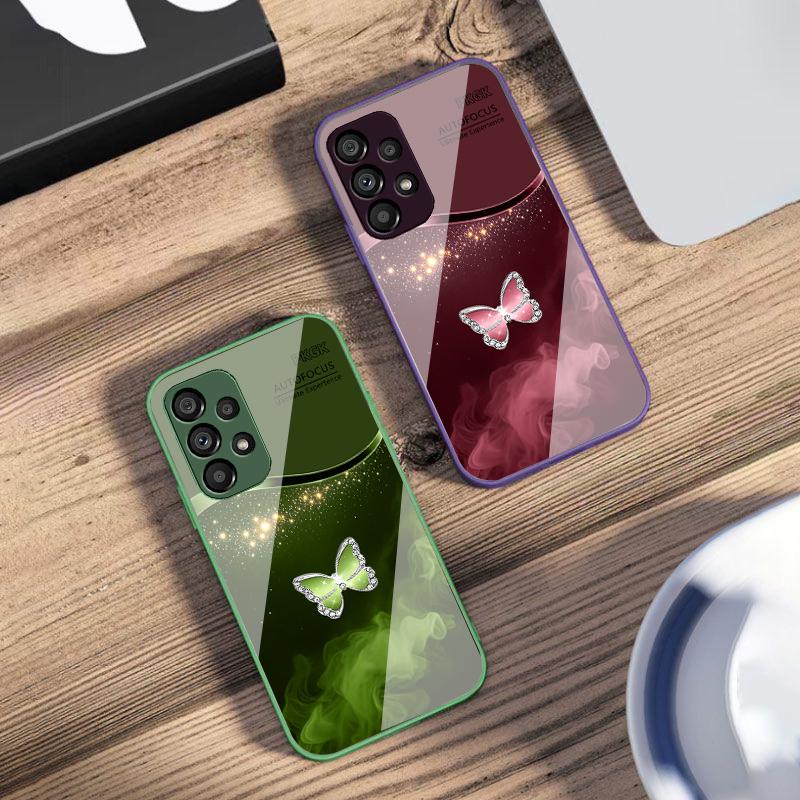 Pink Butterfly Ash Blue For Samsung Galaxy S10 4G S20 11E 30 S21 22 S24 Fe Pro S23 S25 Ultra 5G S9 Tempered Glass Phone Case