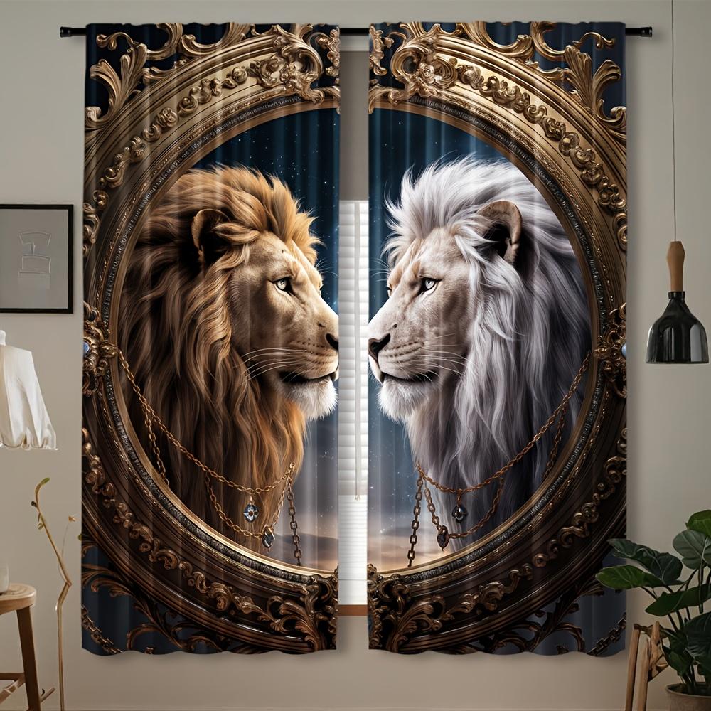 2Pcs Lion-Themed Blackout Curta, Woven Polyester Pongee, Semi-Sheer Contemporary Style Drapes, Machine Washable, With Rod Poc
