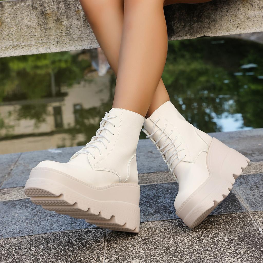 Fashion New Women Pu Leather Ankle Booties Woman Autumn Winter Round Toe Lace-up Shoes Woman Motorcycle Platform Gothic Boots Cosplay 98