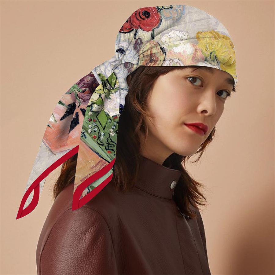 Silk Scarf Women Flowers Print Square Scarves Head Echarpes Silk Foulards Femme Wraps Beach Shawls Bandana Lady Hijabs 90CM