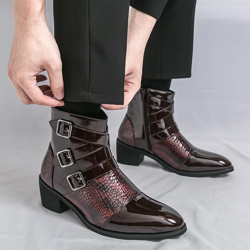 Men's British-Style Pointed Toe Leather Ankle Boots with Zipper, Height-Enhancing, Plus Size, Casual High Tops for Autumn