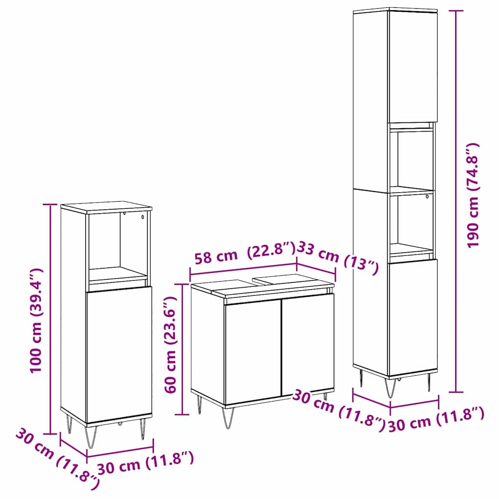 Bathroom Furniture Set 3 pcs Black Oak Effect 30 x 30 x 190 cm
