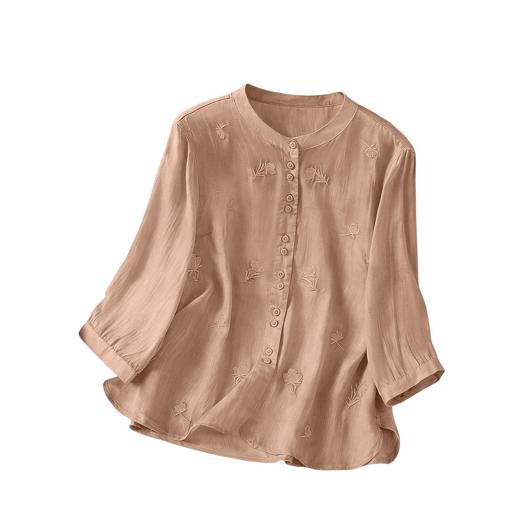 Women's Retro Cotton Linen Embroidered Thin Linen Three-Quarter Sleeve Top
