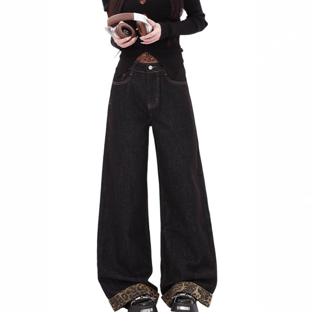 Wide Legged Large Size Jeans Women Autumn Loose Splicing Leopard Print Rolled Edge High Waisted Straight Dragging Floor Trousers Long Denim Pants