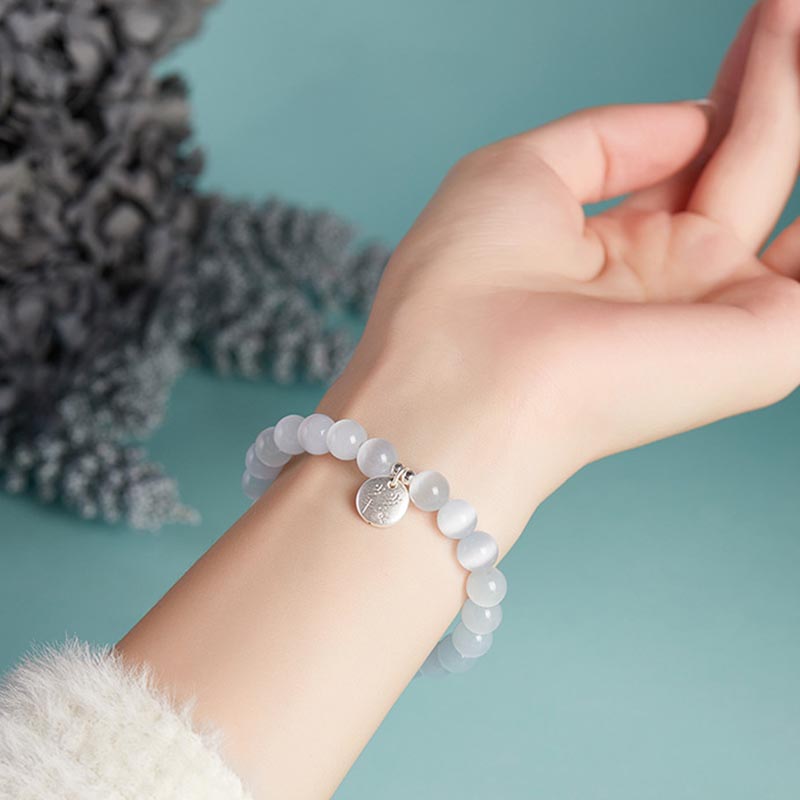 8mm White Cat's Eye Stone Elastic Bracelet for Girls Simple round Bead Jewelry Gift for Women