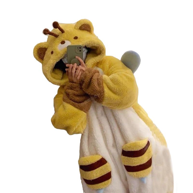 Pijamale pentru femei Robă de albină din flanel Cămașă de noapte cu glugă îngroșată, caldă, drăguță, femei, toamnă iarnă, lână de coral, îmbrăcăminte casual