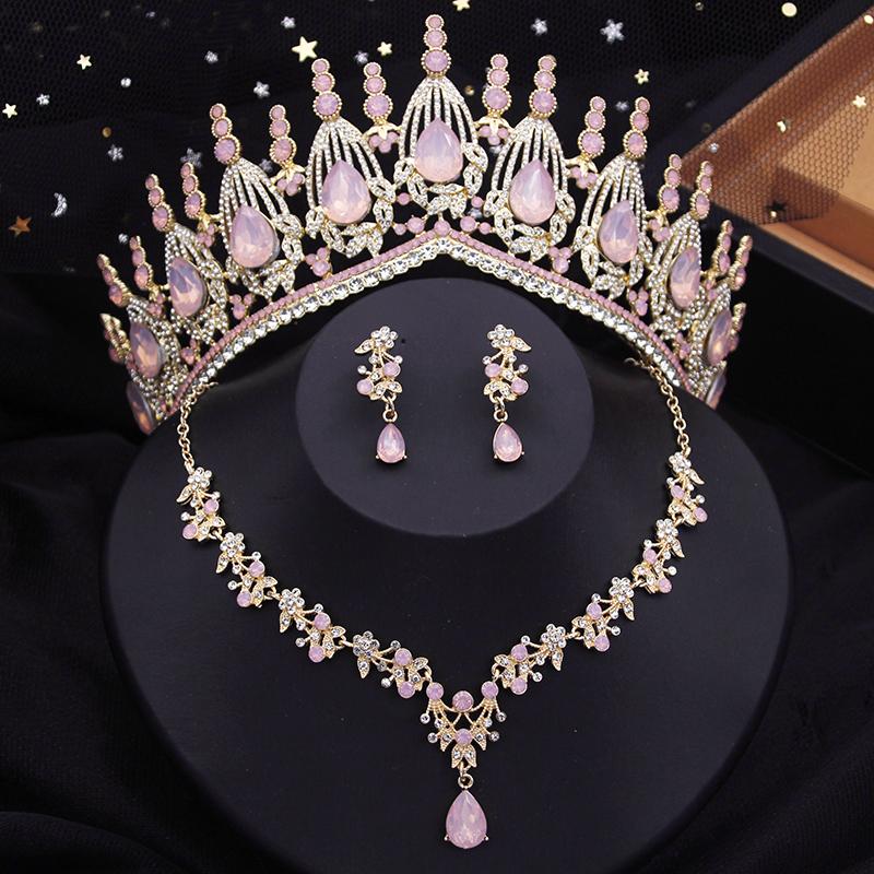 Blue Crown Bridal Jewelry Sets for Women Opal Tiara Necklace Earrings Sets Prom Wedding Bride Jewelry Costume Accessories
