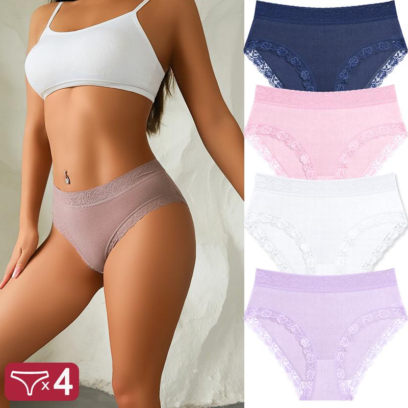 FINETOO 4Pcs Lace Plus Size Underwears Women's Sexy Panties High Quality Striped Briefs Girls Solid Sports Comfortable Lingerie