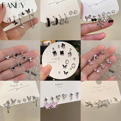 Korean Butterfly Earring Set  Zircon Clover Stud Earrings for Women Y2K Accessories Jewelry