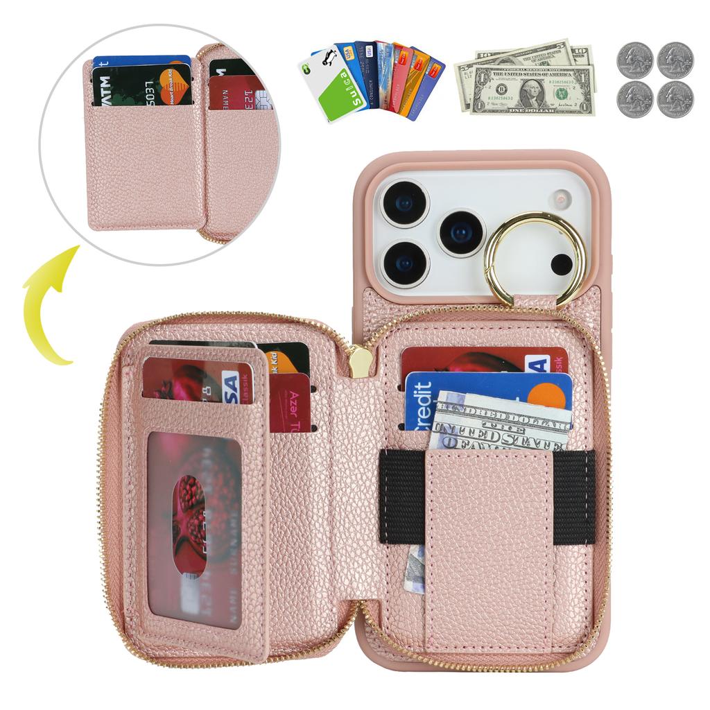 Custodia per Telefono in Pelle con Cerniera e Anello Antiscivolo con Motivo Litchi per iPhone 17 Pro Max 16 Plus 15 14 13 12 Cover a Borsa Antiurto