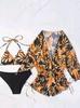 2023 Women's Sexy Three-Piece Swimwear Set with Elegant Neckline, Printed Belted High-Waisted Skirt