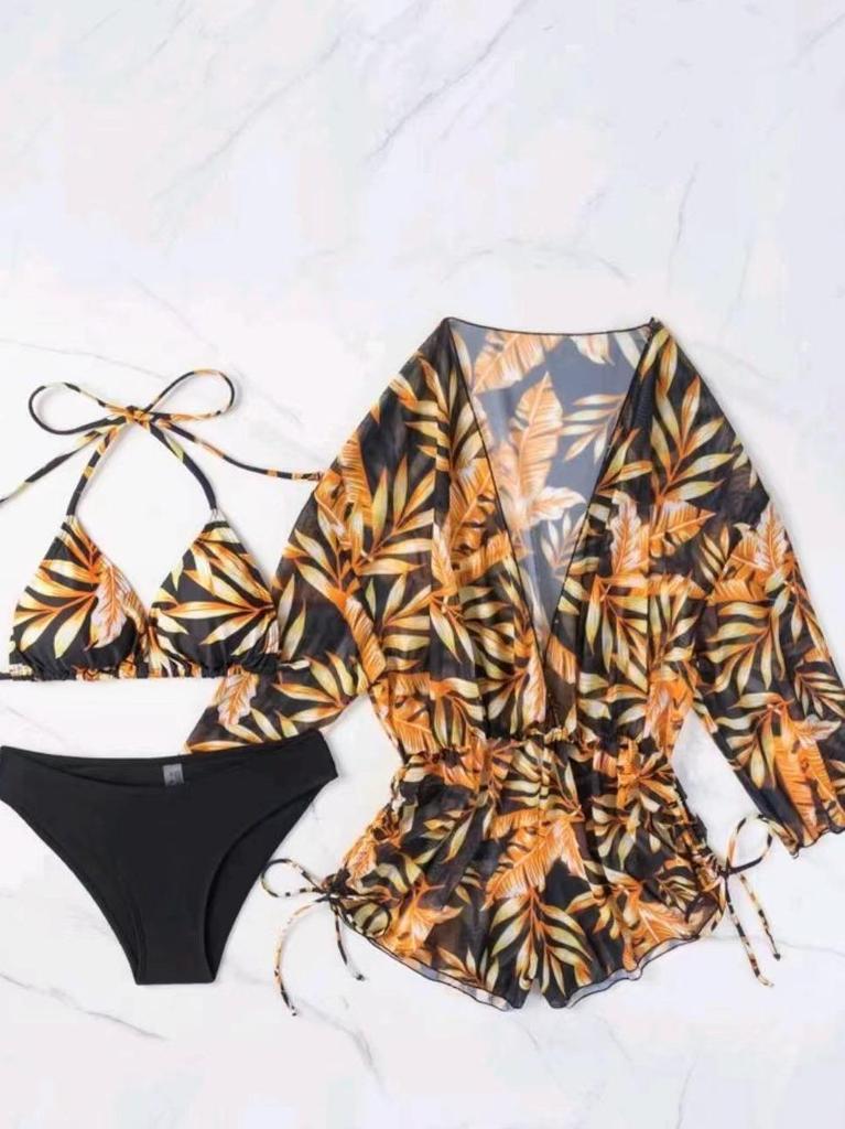 2023 Women's Sexy Three-Piece Swimwear Set with Elegant Neckline, Printed Belted High-Waisted Skirt