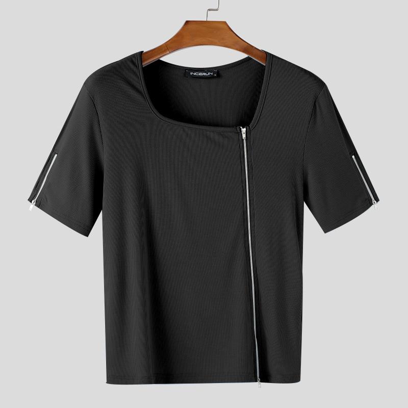 

INCERUN Мужские футболки с квадратным вырезом, коротким рукавом, на молнии, повседневные, облегающие, рубчик, укороченные 3XL чёрный