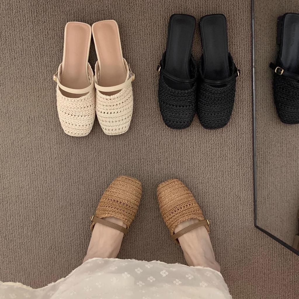 Evening Wind Flat Bottom Niche Woven Half Slippers Women's Outer Wear Spring and Summer Gentle Bag Head Cool Slippers