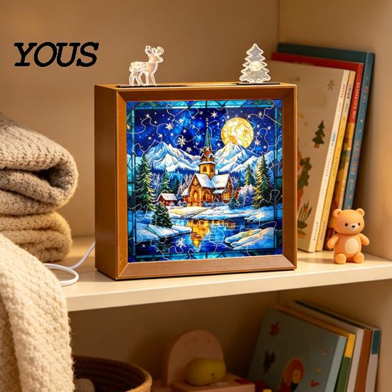 Innen-Haus-Dekoration DIY Weihnachten Acryl-Puzzle Nachtlicht, Holzrahmen Handmontiertes Puzzle Schreibtischlicht Lampe, Kreatives LED für Schlafzimmer