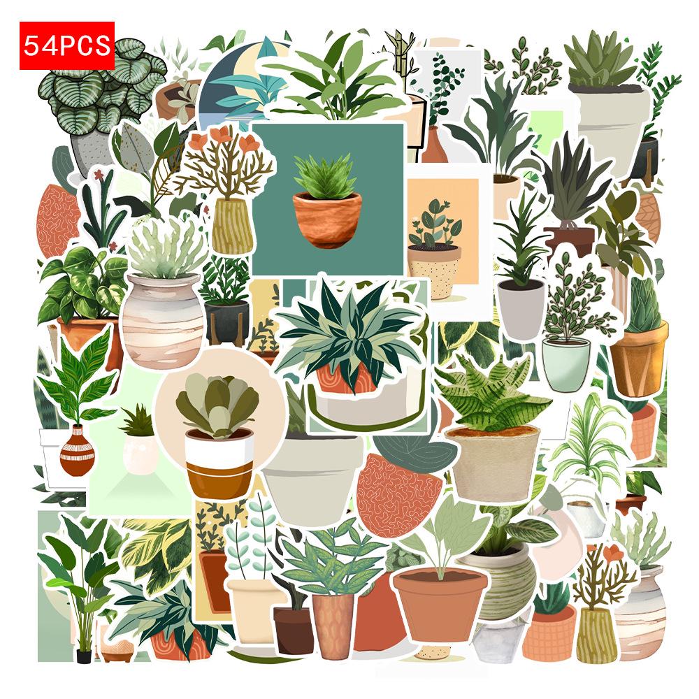54PCS Waterproof Green Plant Graffiti Stickers for Skateboards, Luggage, Water Bottles, Notebooks, and Flower Pots