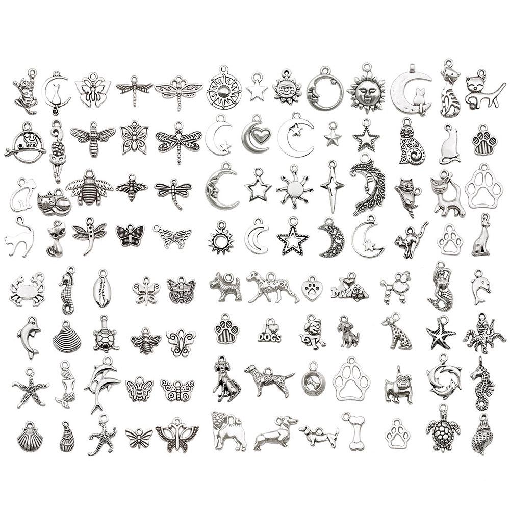 

Набір Шармів Античне Срібло Кіт Метелик Місяць 100 Штук для DIY Браслетів та Намист