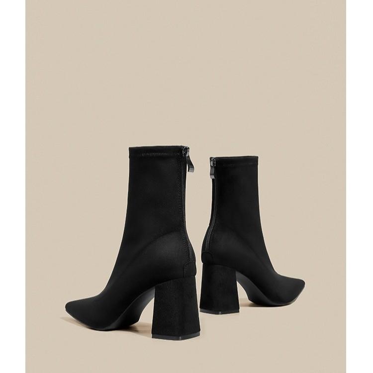 Large size 2025 new nude boots pointed high heel short boots women's autumn and winter socks boots thick heel thin boots