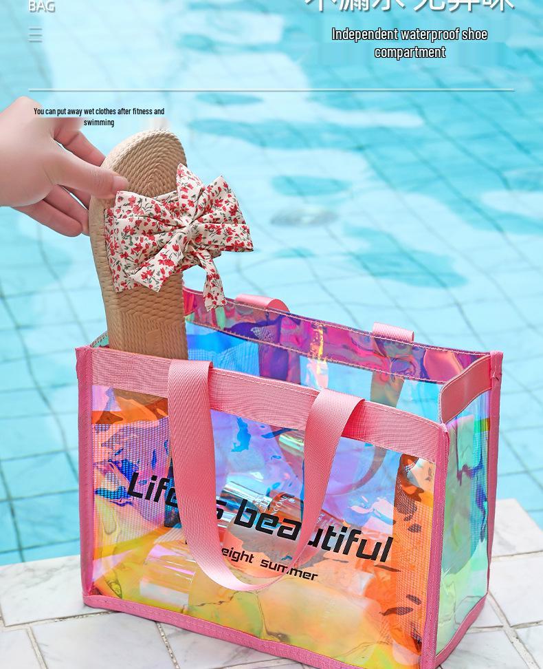 Laser Iridescent PVC Beach Tote - Transparent, Sealed Edge, Multi-Purpose Bag for Shopping, Gifts, and More