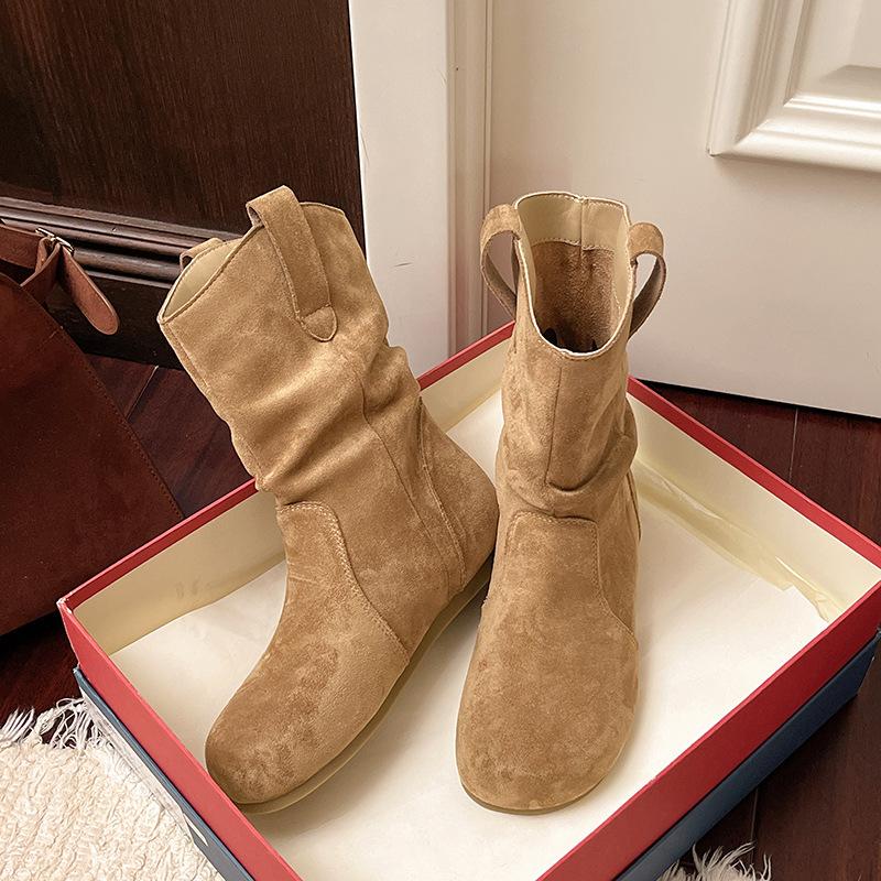 Retro pleated stacked short Martin boots women's autumn new simple and thin retro flat knight boots