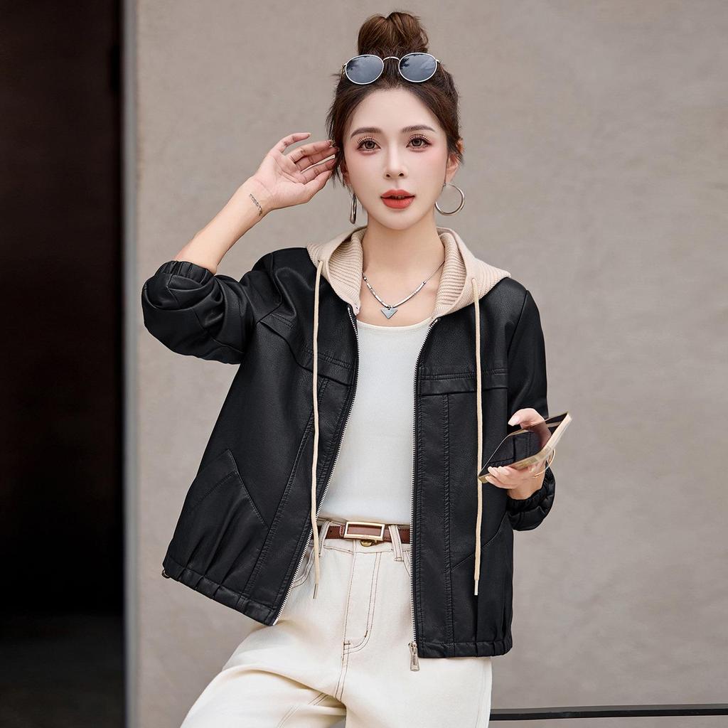 Women's Genuine Leather Short Jacket with Detachable Knitted Hood - Italian Style Casual Lambskin Coat