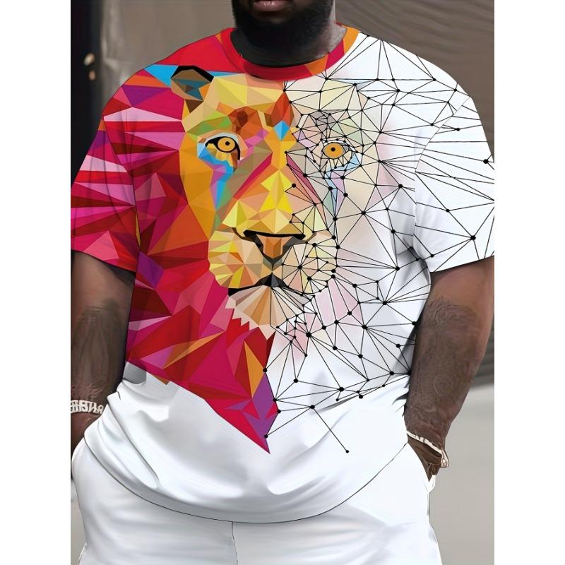 Men s Geometric Lion 3D Printed T-Shirt Casual Short Sleeve Crewneck Top Creative Abstract Animal Graphic Tee Abstract Line Mesh Streetwear Clothing S разноцветный