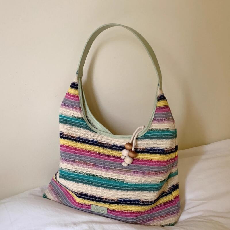 Neue Regenbogen Bunte Schulter Taschen Casual Damen Leinwand Meer Gewebte Handtaschen Einfache Weibliche Große Kapazität Handheld Tote Taschen