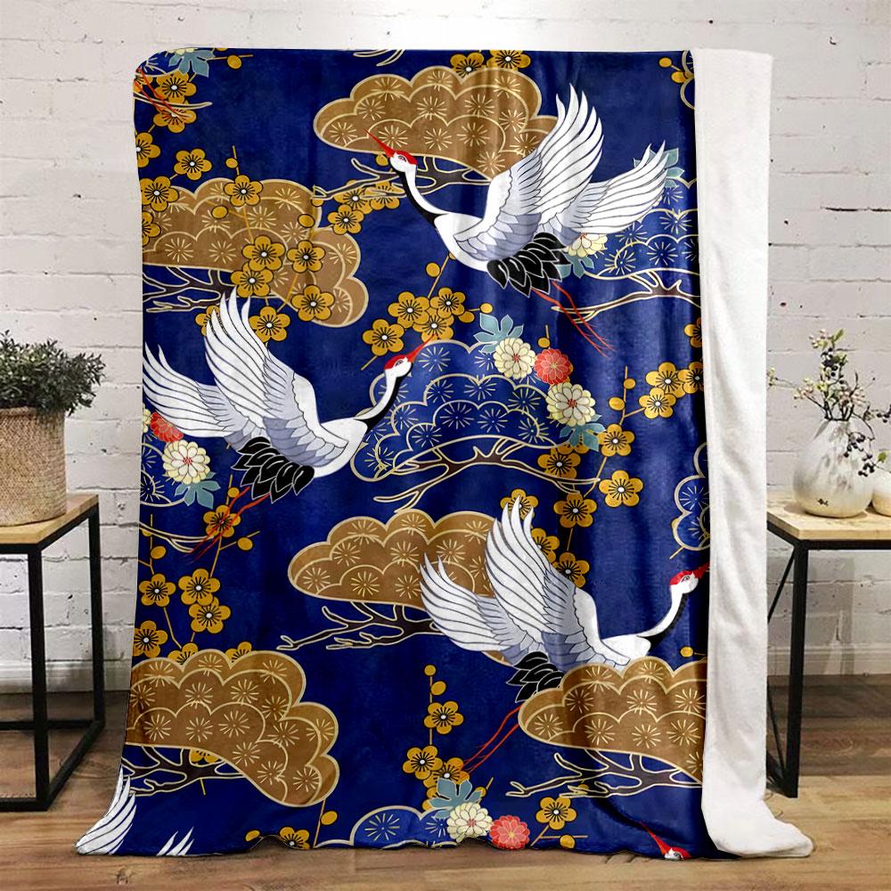 Kraniche Pflaumenblüten Wolken Druck Flanelldecke Schlafzimmerdecke für Wohnzimmer Sofa Mittagspause Weicher Überwurf für Freundesfest Geschenk