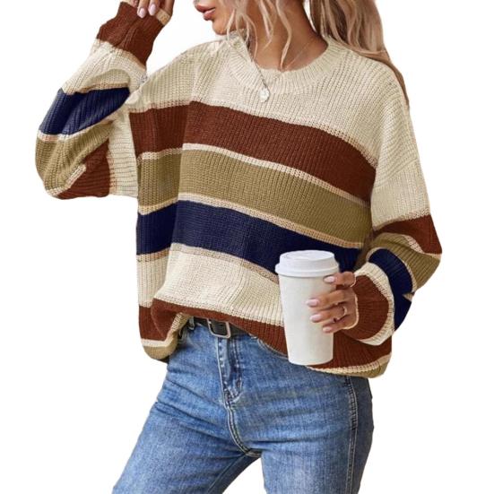 Women Sweater Round Neck Long Sleeve Knitted Tops Striped Print Loose Fit Soft Elastic Warm Winter Sweater