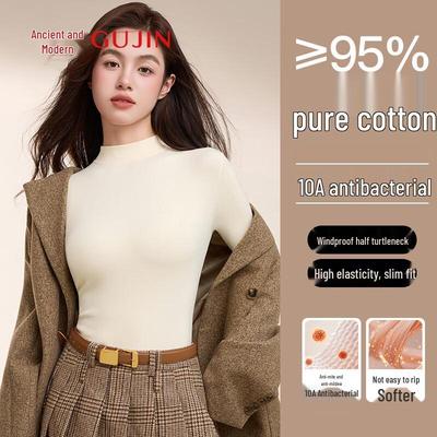 GUJIN Women's Pure Cotton Half-High Collar Long Sleeve T-Shirt