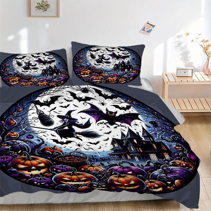 3pcs Bat Witch Pumpkin Halloween Pattern Bedding Three-Piece Set (No Fillings), Suitable for Bedrooms and Guest Rooms.N004