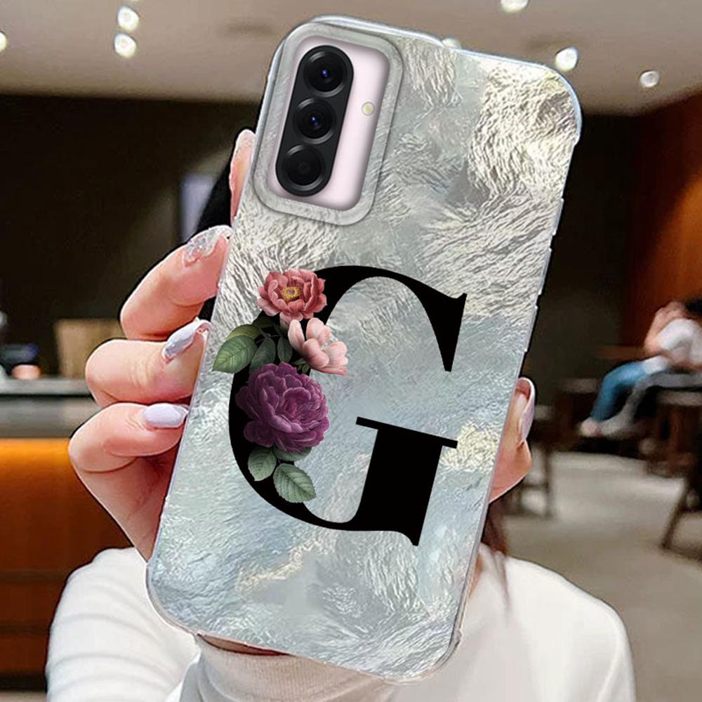 Black A-Z Letter Flower Laser Gradient For Samsung Galaxy A16 A36 A56 Phone Cases Cover Silicone Clear Soft Protect Back Bumper Hard PC Back Cover