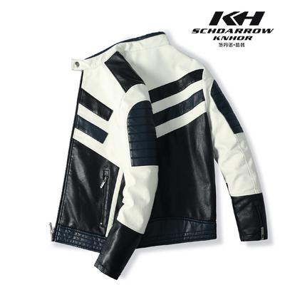 Stehkragen Herren Motorrad Lederjacke Motorrad Rennanzug Patchwork Farbe PU Kunstlederjacke Trendy Markenjacke