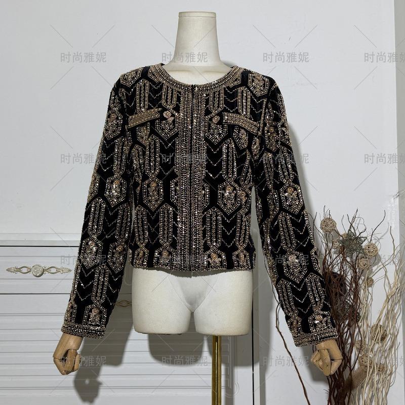 Fashion Yani Court Style Heavy Industry Bead Embroidered Short Jacket Women's Black Cardigan Performance Clothing Top