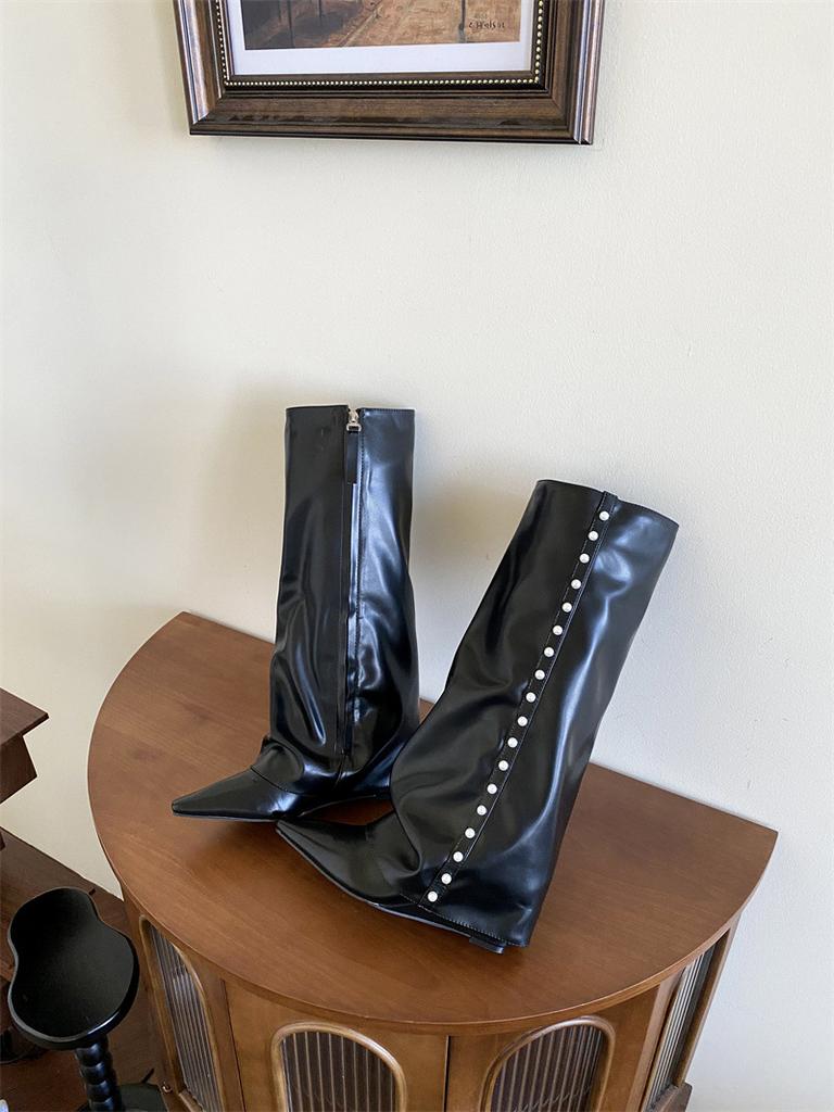 Skinny White Trouser Boots 2025 New Pointed High Knight Boots Wedge Heel Boots Women's Knee-length Boots