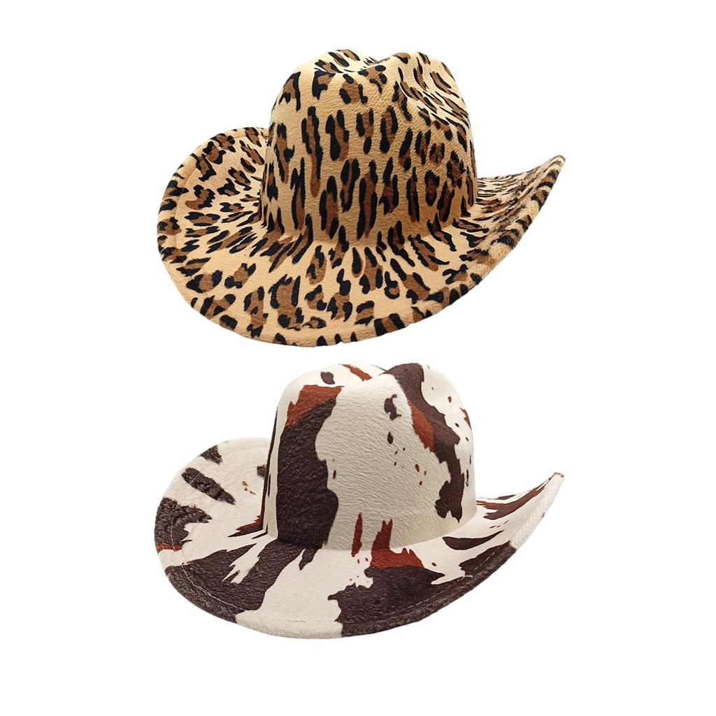 Fashionable Roll Brim Cowgirl Hat Wide Brim Fedoras with Leopard/Cow Pattern for Beach Parties and Various Outfit