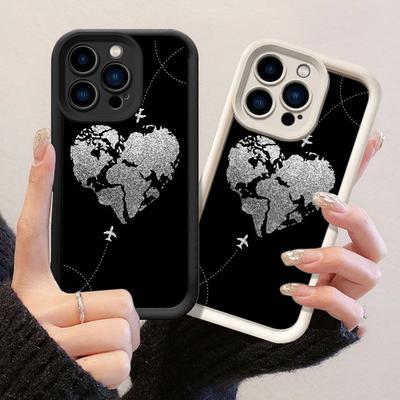 JT571 Carte du Monde Cœur Blanc & Noir pour iPhone 17 16 15 14 13 12 Pro Max Samsung S26 S25 Ultra A17 A07 A56 A16 A15 Xiaomi 15T Redmi 15c 14C Coque Souple