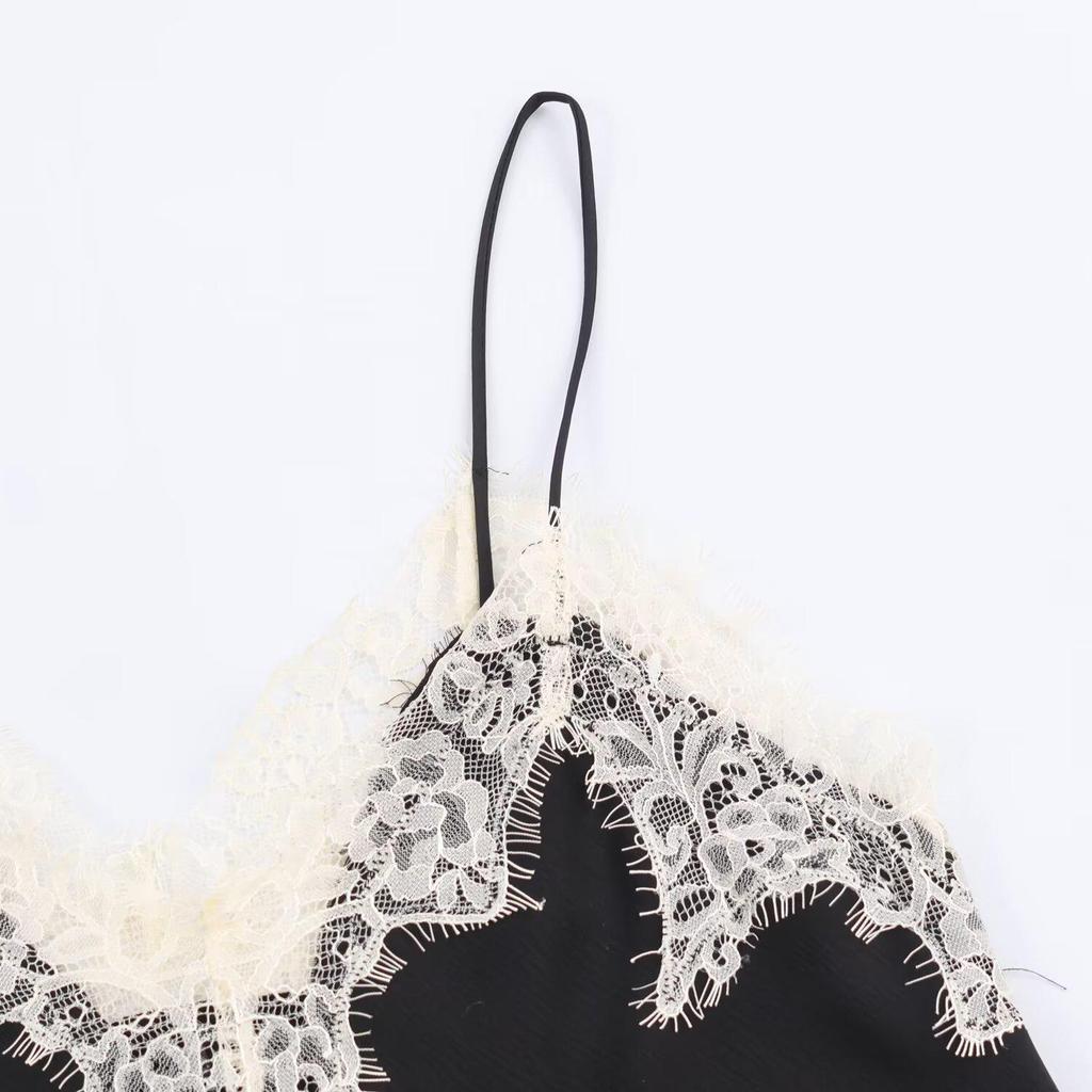 European-American Style Women's Satin Lace Camisole - Autumn 2025 Collection, Color Block Design