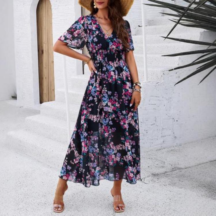 Boho Floralprint Maxikleid für Damen Sommer Strandsonnenkleid mit tiefem V-Ausschnitt Rüschenkurzarm Chiffon Langes Freizeitkleid