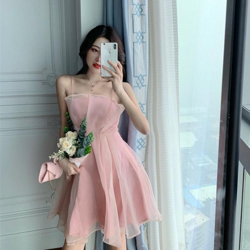 Sweet and Super Fairy Mesh Dress Women's Sleeveless Ruffle Mesh Camisole Dress High Waist A Line Short Mini Skirt Suitable for Parties Vacations
