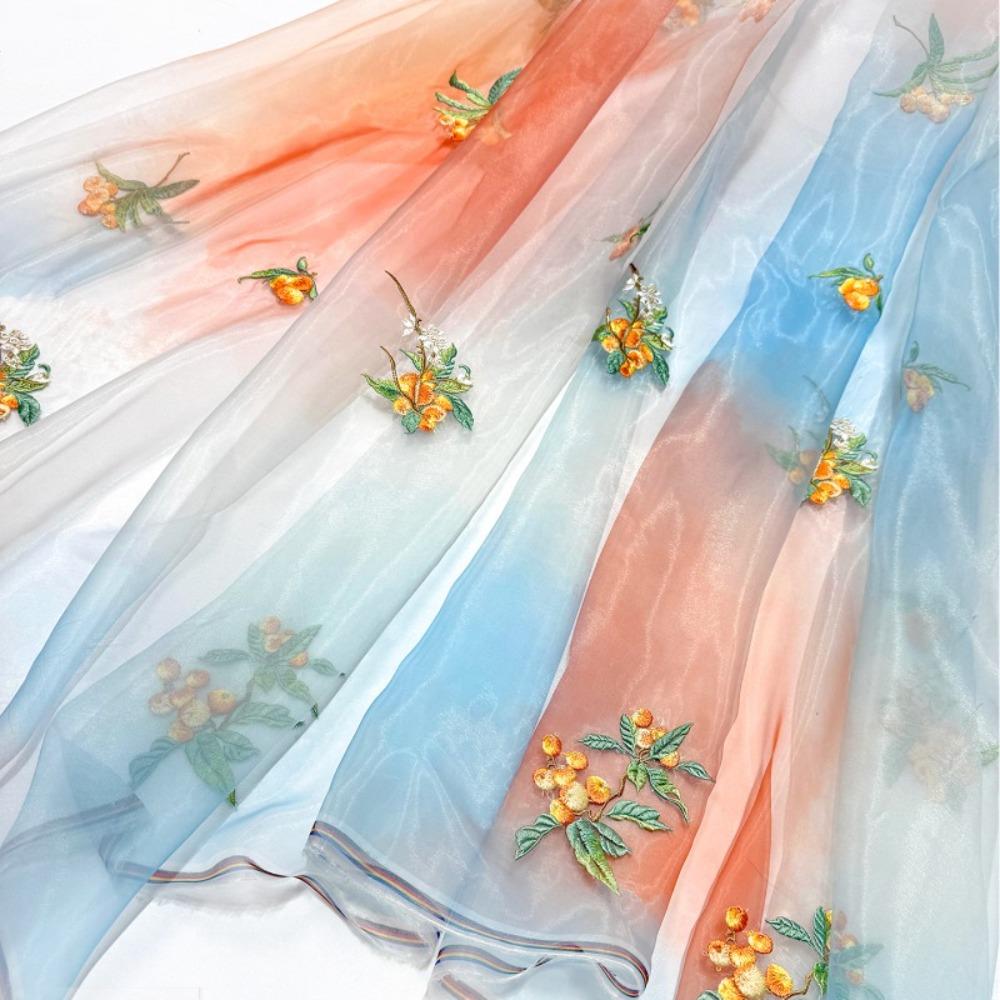 100x150cm Loquat Fruit Embroidery Cloth Gradient Chiffon Fabric Transparent Hanfu Cloth Sewing Costume Party Clothing