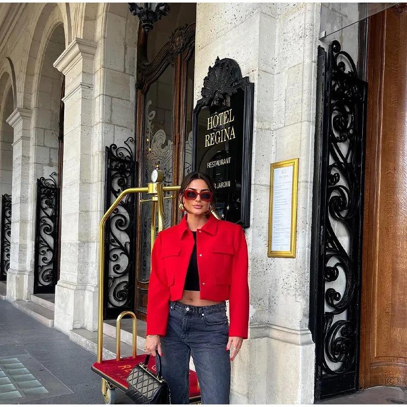Red Short Coat Women Veste Fashion Suit Jacket Long Sleeve Turndown Slim Female Coats 2023 Autumn Winter Lady Commuter Tops Streetwear Jacket Overcoat
