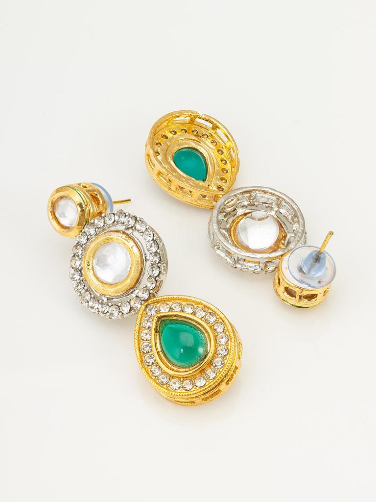 Gold-Plated Green & White Stone-Studded & Beaded Handcrafted Jewellery Set
