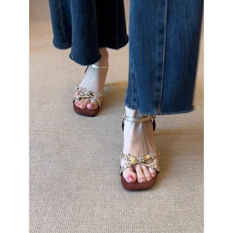 Fashion 2025 New French Square Toe Rhinestone Open Toe Sandals Women's Summer Outside Wear Versatile Temperament High Heels
