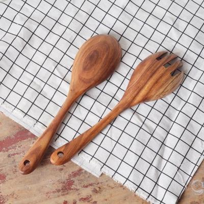 2Pcs Acacia Wood Salad Servers Polished Portable Salad Tongs Long Handle 10.5 Inch Spoon and Fork Set Serving Utensils