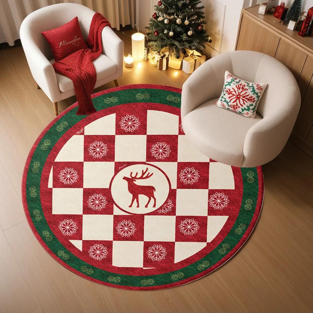 

New Christmas Holiday Decoration Round Carpet Tree Atmosphere in Stock Entrance Rugs Stain-resistant Washable Festive Foot mats Round 60x60cm