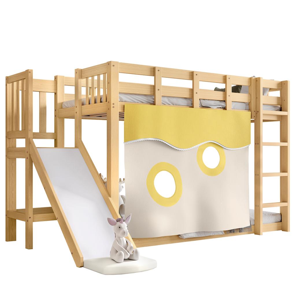 Bunk Bed, Wooden Bed with Stairs and Fences, with Bed Curtain, Slide, Children's Bed with Fall Protection and Guardrail, MDF+Pine, Natural, 90x200cm