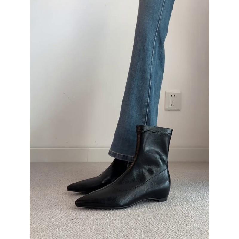 Sheepskin Version~ Pointed Simple Inner Height Increase Short Boots Retro Thin Boots Femininity Side Zipper Thin Elastic Boots
